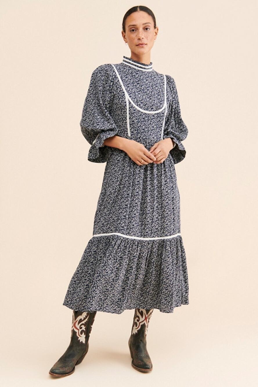 Meadows 100% Cotton Cottage Core Navy and White Floral Amaryllis Midi Dress